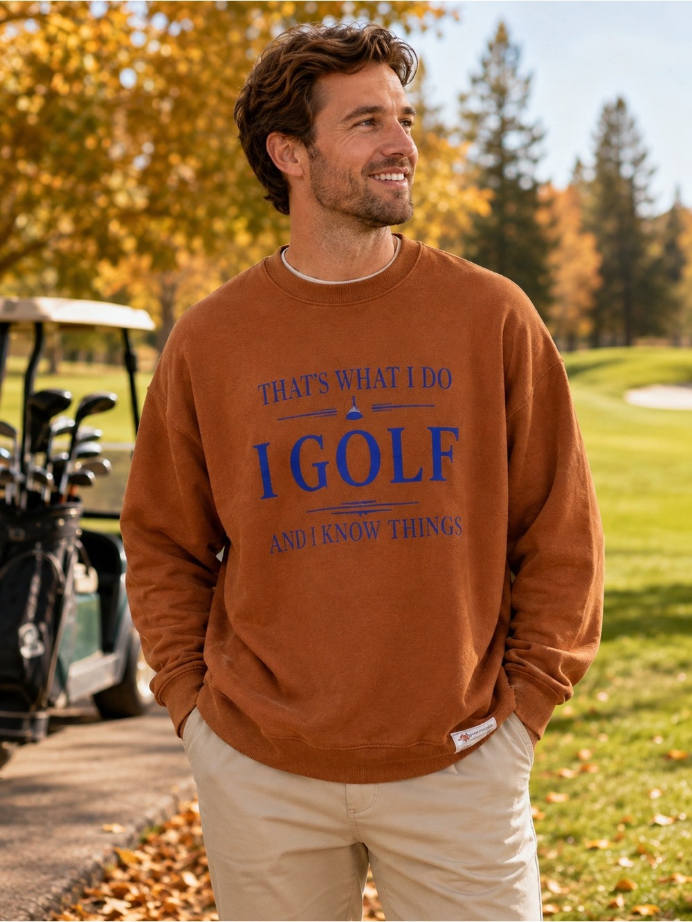Men’s XL Funny Golf Graphic Sweatshirt Brown Blue Oversized NWT